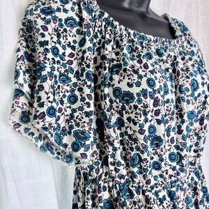 Boho White Floral Midi Dress with Teal and Navy Accents